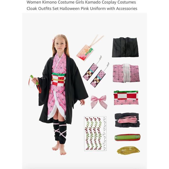 New Girl’s 5T Japanese Kimono Cloak Set Accessories Cosplay Costume‎ Slayer - Picture 1 of 3